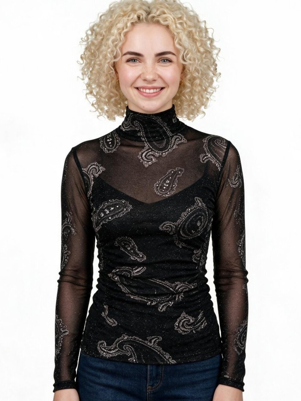 Rinascimento of Italy Semi Sheer Black Long Sleeve Mock Neck w/ Sparkly Paisley